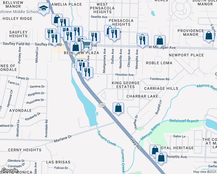 map of restaurants, bars, coffee shops, grocery stores, and more near 5421 Coventry Avenue in Pensacola