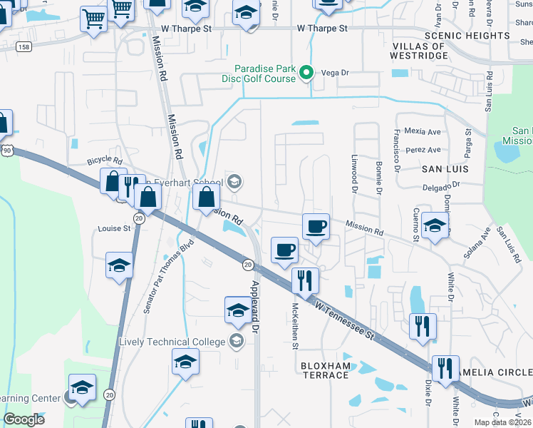 map of restaurants, bars, coffee shops, grocery stores, and more near 420 West Mission Road in Tallahassee