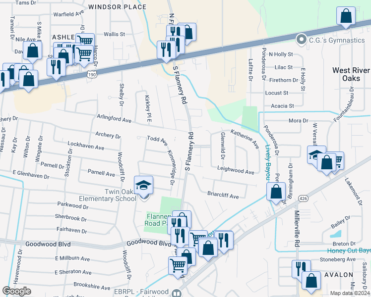 map of restaurants, bars, coffee shops, grocery stores, and more near 548 South Flannery Road in Baton Rouge