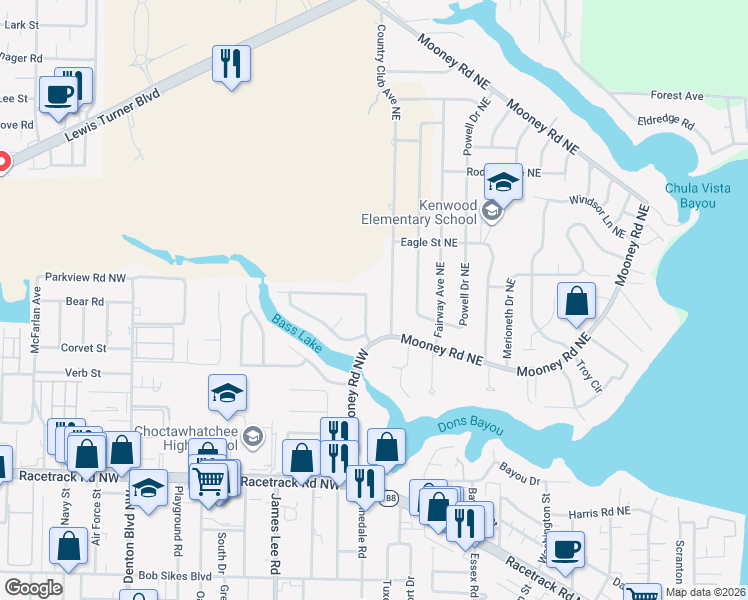 map of restaurants, bars, coffee shops, grocery stores, and more near 611 Country Club Avenue Northeast in Fort Walton Beach