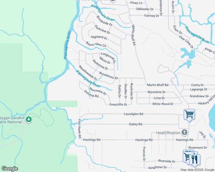 map of restaurants, bars, coffee shops, grocery stores, and more near 8117 Meadowdale Drive in Gautier