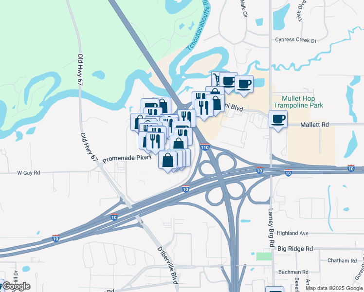 map of restaurants, bars, coffee shops, grocery stores, and more near 3867 Promenade Parkway in D'Iberville