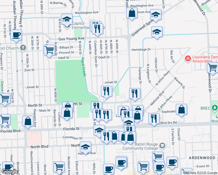 map of restaurants, bars, coffee shops, grocery stores, and more near 844 North 46th Street in Baton Rouge