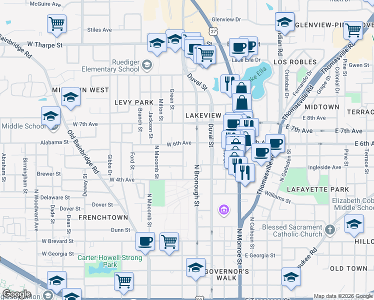map of restaurants, bars, coffee shops, grocery stores, and more near 315 West 6th Avenue in Tallahassee