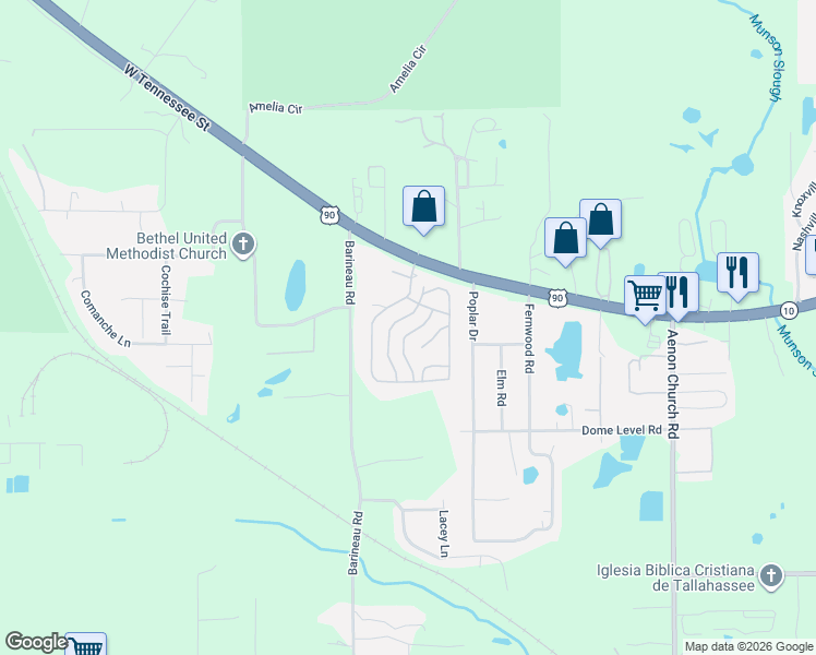 map of restaurants, bars, coffee shops, grocery stores, and more near Manatee Cove Drive in Tallahassee