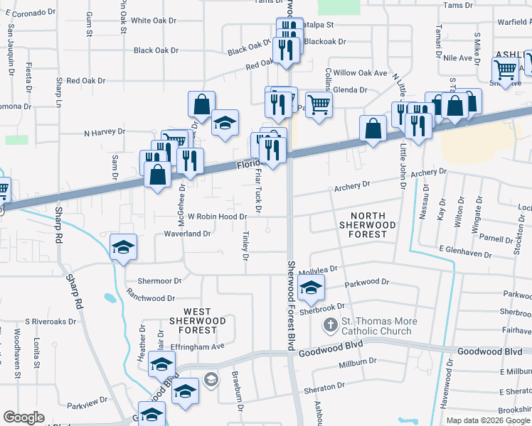 map of restaurants, bars, coffee shops, grocery stores, and more near in Baton Rouge