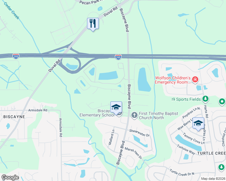 map of restaurants, bars, coffee shops, grocery stores, and more near 1505 Biscayne Bay Drive in Jacksonville