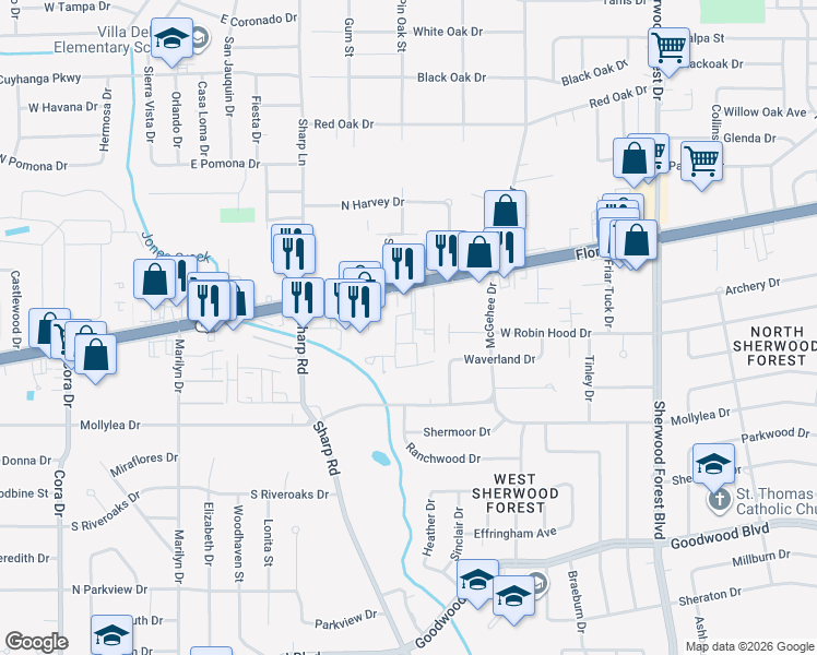 map of restaurants, bars, coffee shops, grocery stores, and more near 10530 Florida Boulevard in Baton Rouge