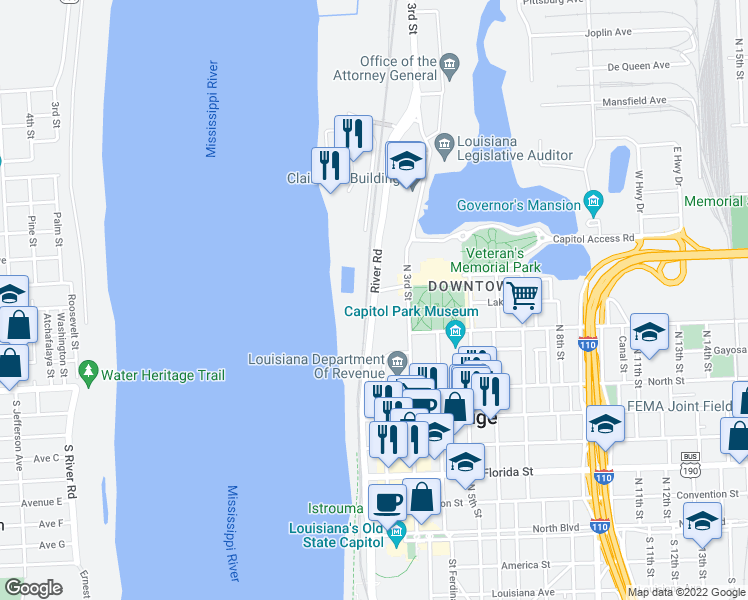 map of restaurants, bars, coffee shops, grocery stores, and more near 959 North River Road in Baton Rouge