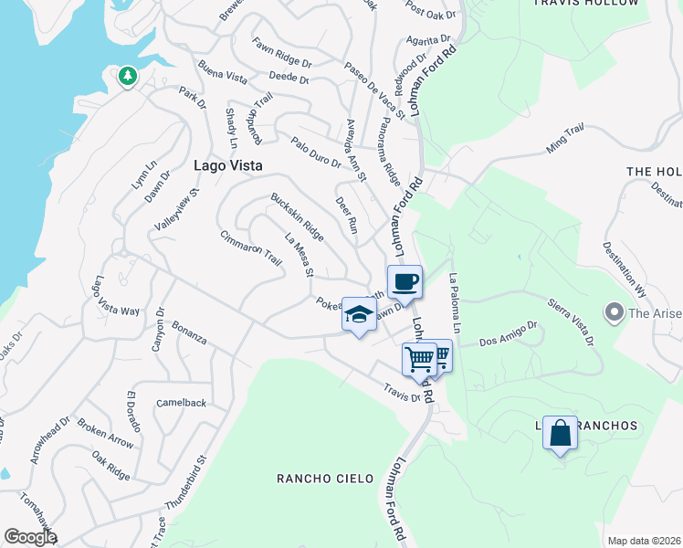 map of restaurants, bars, coffee shops, grocery stores, and more near 20406 Sunset Strip in Lago Vista
