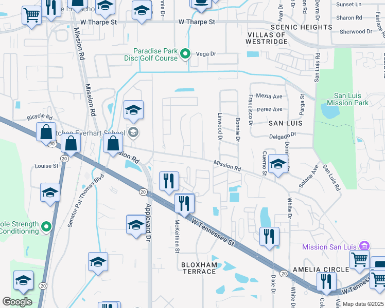 map of restaurants, bars, coffee shops, grocery stores, and more near 23 West Mission Road in Tallahassee
