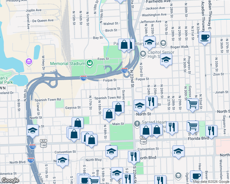 map of restaurants, bars, coffee shops, grocery stores, and more near 839 North 20th Street in Baton Rouge