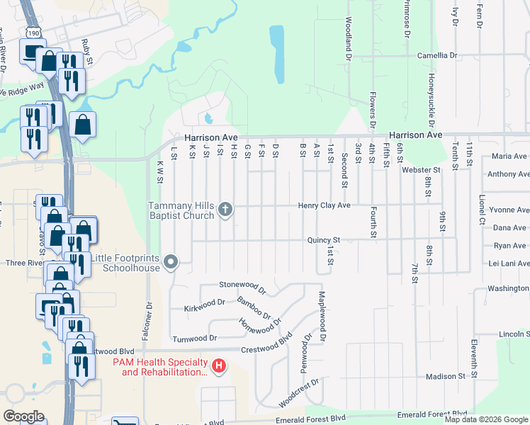 map of restaurants, bars, coffee shops, grocery stores, and more near 70380 F Street in Covington