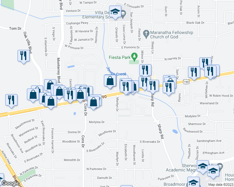 map of restaurants, bars, coffee shops, grocery stores, and more near 10 Marilyn Drive in Baton Rouge