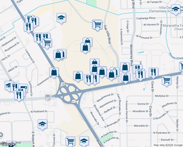 map of restaurants, bars, coffee shops, grocery stores, and more near 9701 Cortana Place in Baton Rouge