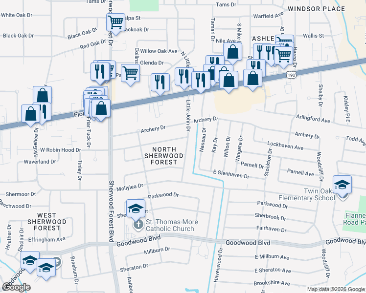 map of restaurants, bars, coffee shops, grocery stores, and more near 340 Little John Drive in Baton Rouge