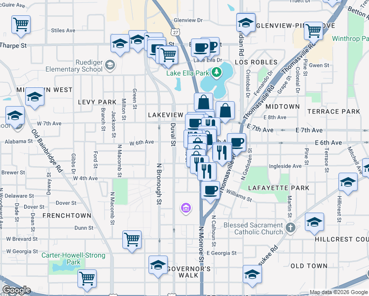 map of restaurants, bars, coffee shops, grocery stores, and more near 1230 North Adams Street in Tallahassee