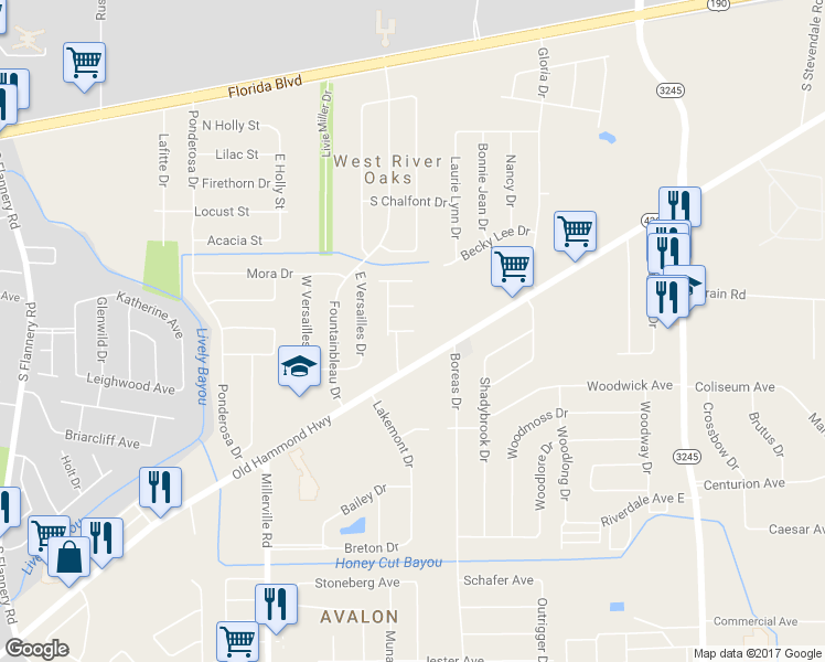 map of restaurants, bars, coffee shops, grocery stores, and more near 15091 Cranbrook Court in Baton Rouge