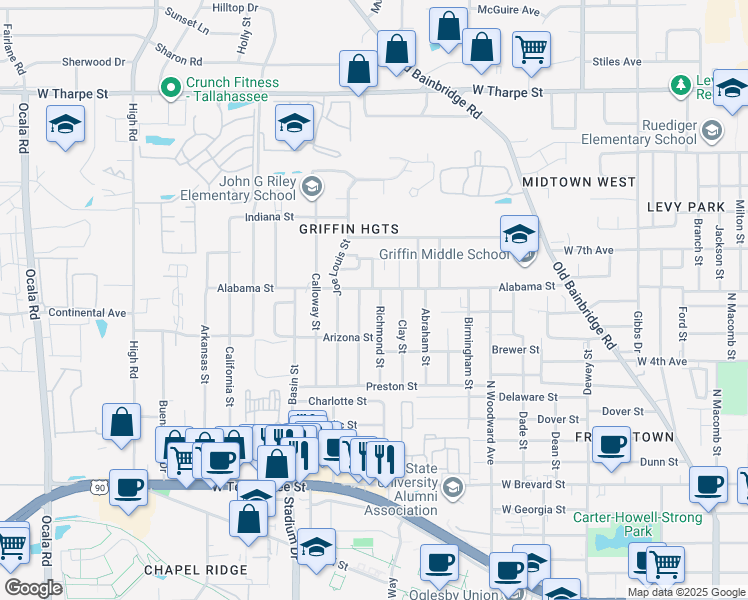 map of restaurants, bars, coffee shops, grocery stores, and more near 1138 Richmond Street in Tallahassee