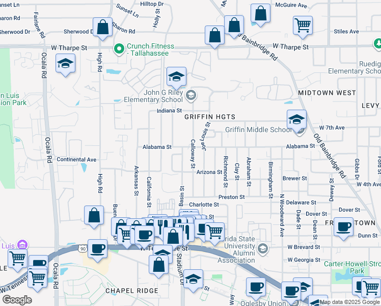 map of restaurants, bars, coffee shops, grocery stores, and more near 1210 Calloway Street in Tallahassee