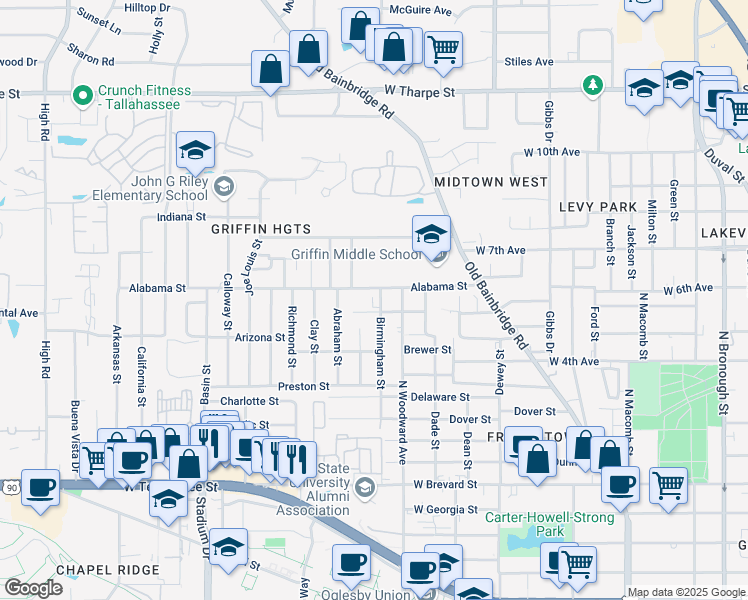 map of restaurants, bars, coffee shops, grocery stores, and more near 1029 Alabama Street in Tallahassee