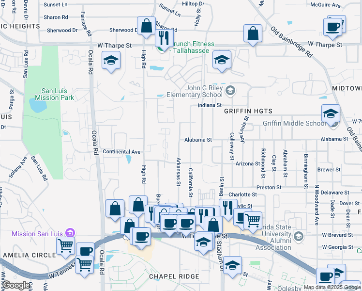map of restaurants, bars, coffee shops, grocery stores, and more near 1332 Arkansas Street in Tallahassee