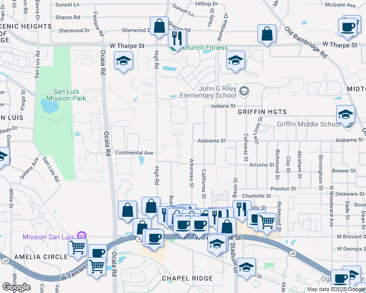 map of restaurants, bars, coffee shops, grocery stores, and more near 1332 Arkansas Street in Tallahassee