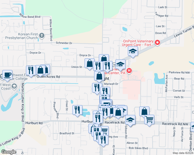 map of restaurants, bars, coffee shops, grocery stores, and more near 214 Green Acres Road in Fort Walton Beach