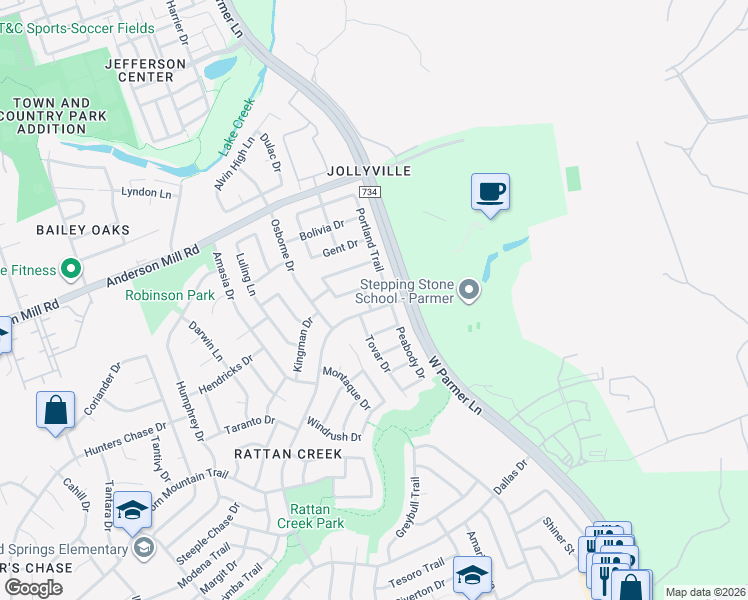 map of restaurants, bars, coffee shops, grocery stores, and more near 13425 Moscow Trail in Austin