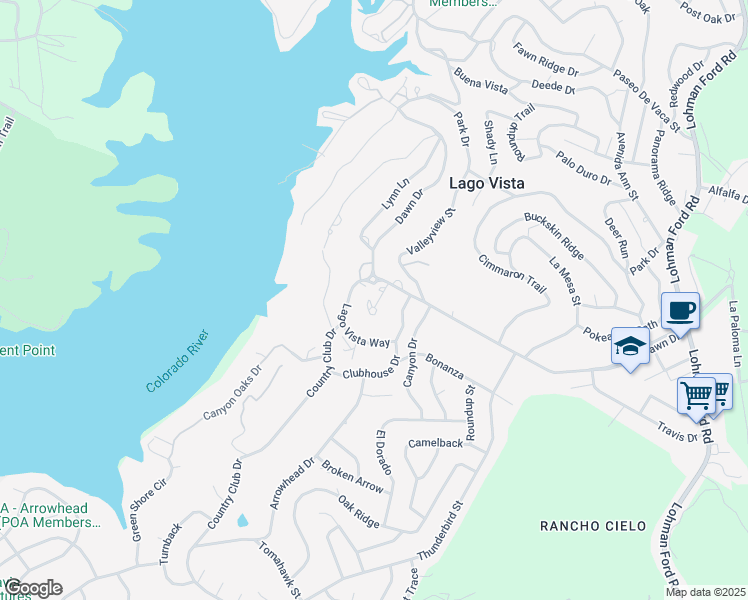 map of restaurants, bars, coffee shops, grocery stores, and more near 5804 Circulo Drive in Lago Vista