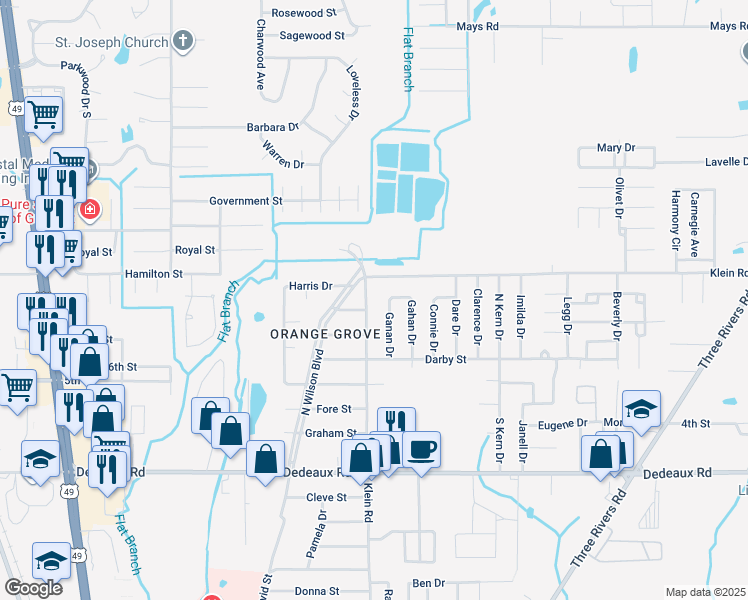 map of restaurants, bars, coffee shops, grocery stores, and more near 11496 Klein Road in Gulfport