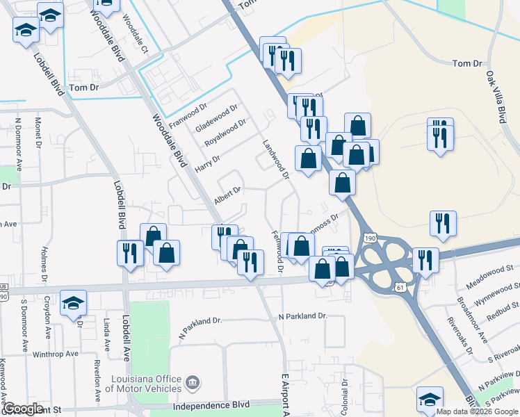 map of restaurants, bars, coffee shops, grocery stores, and more near 533 Fernwood Drive in Baton Rouge