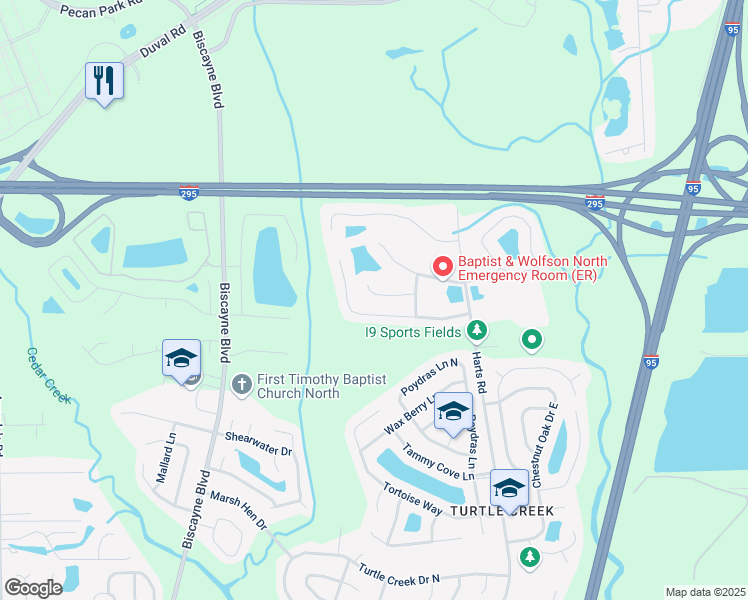 map of restaurants, bars, coffee shops, grocery stores, and more near 910 Plumbridge Court in Jacksonville