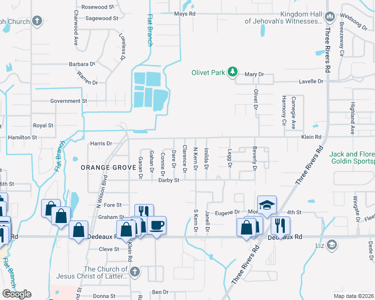 map of restaurants, bars, coffee shops, grocery stores, and more near 121 Clarence Drive in Gulfport