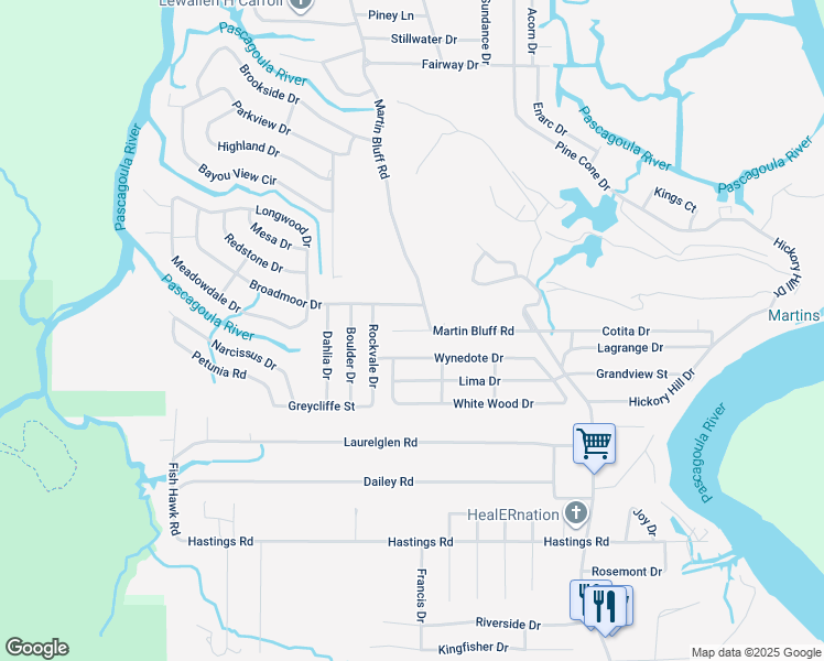 map of restaurants, bars, coffee shops, grocery stores, and more near Little Bend Place in Gautier