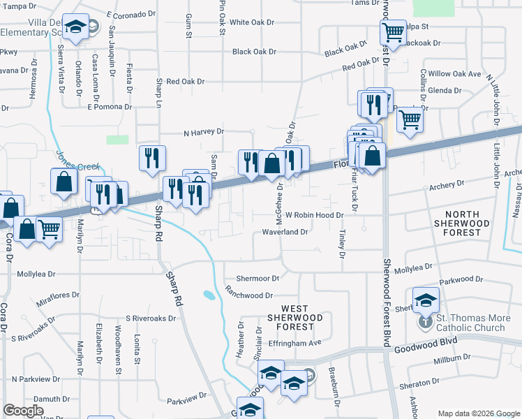 map of restaurants, bars, coffee shops, grocery stores, and more near 228 McGehee Drive in Baton Rouge