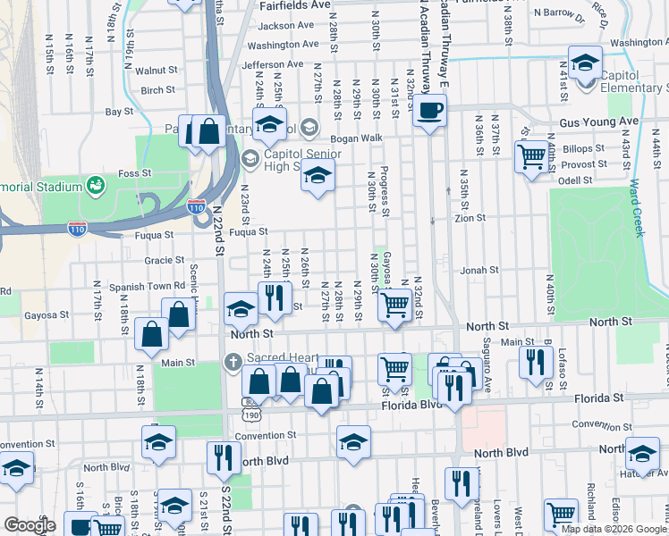 map of restaurants, bars, coffee shops, grocery stores, and more near 830 North 27th Street in Baton Rouge