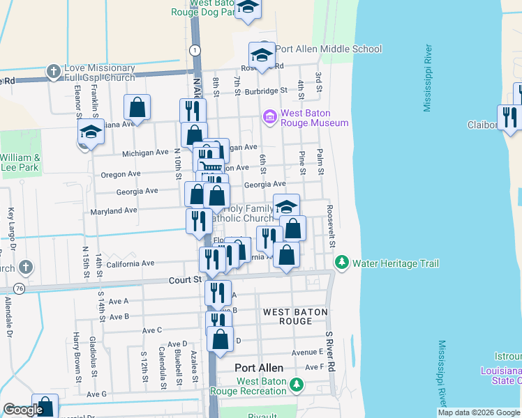 map of restaurants, bars, coffee shops, grocery stores, and more near 635 Maryland Avenue in Port Allen