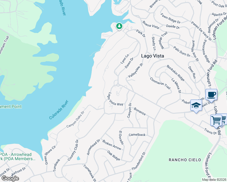 map of restaurants, bars, coffee shops, grocery stores, and more near 5804 Circulo Drive in Lago Vista