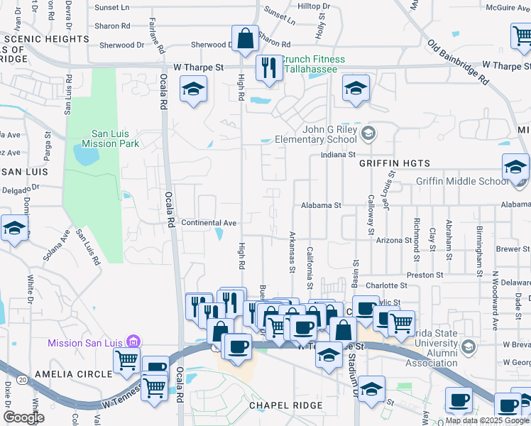 map of restaurants, bars, coffee shops, grocery stores, and more near 119 Greentree Court in Tallahassee