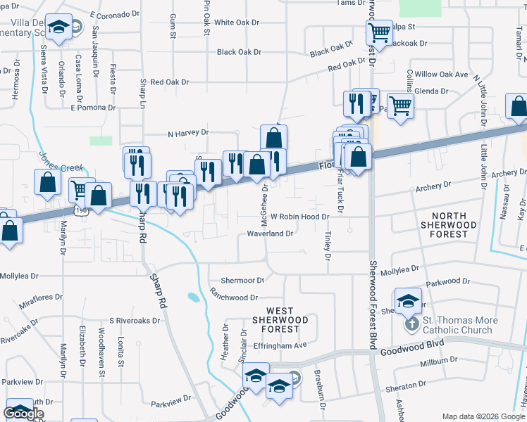 map of restaurants, bars, coffee shops, grocery stores, and more near 228 McGehee Drive in Baton Rouge