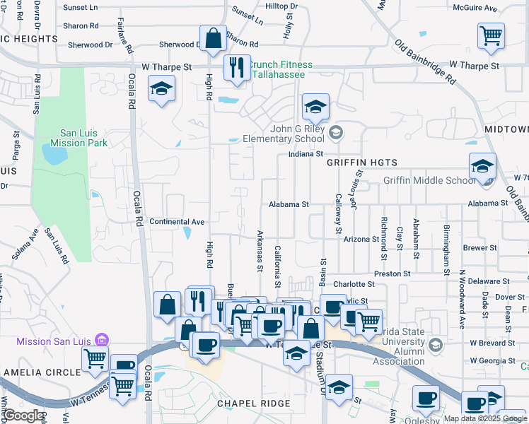 map of restaurants, bars, coffee shops, grocery stores, and more near 1332 Arkansas Street in Tallahassee