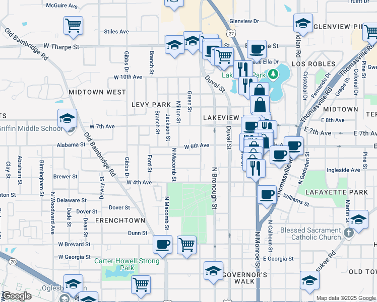 map of restaurants, bars, coffee shops, grocery stores, and more near 421 W 6th Ave in Tallahassee