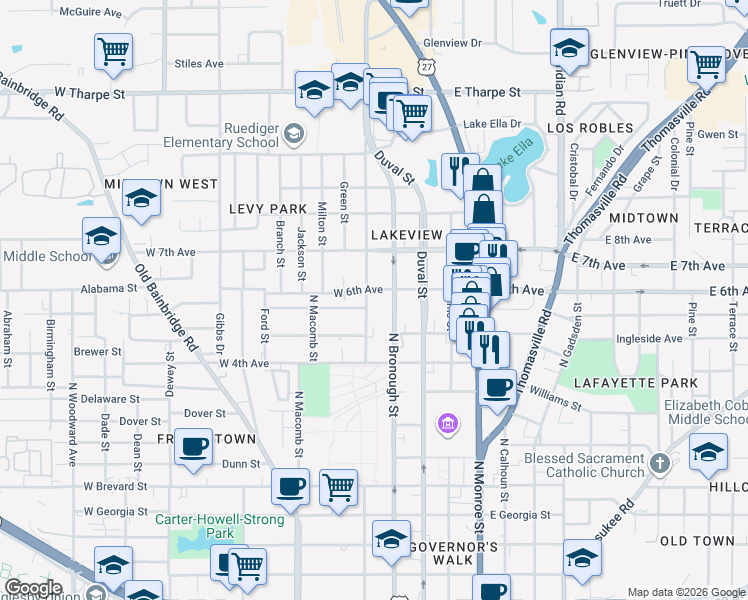 map of restaurants, bars, coffee shops, grocery stores, and more near 315 West 6th Avenue in Tallahassee