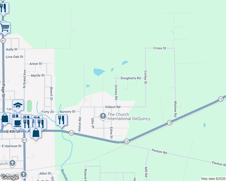 map of restaurants, bars, coffee shops, grocery stores, and more near 369 Grimes Rd in DeQuincy