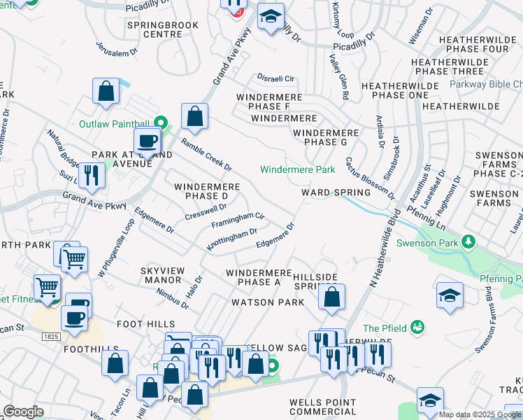 map of restaurants, bars, coffee shops, grocery stores, and more near 16502 Framingham Circle in Pflugerville