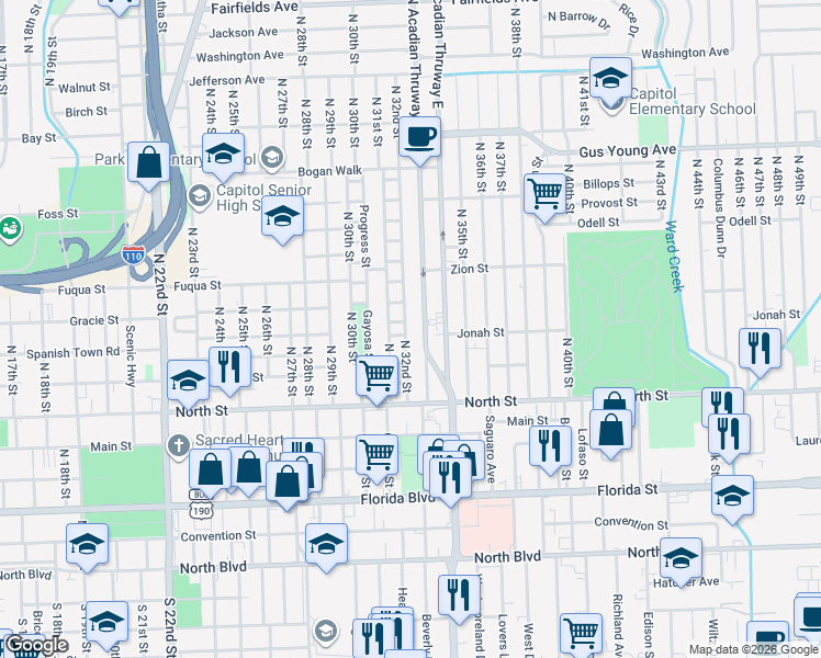 map of restaurants, bars, coffee shops, grocery stores, and more near 784 North 32nd Street in Baton Rouge