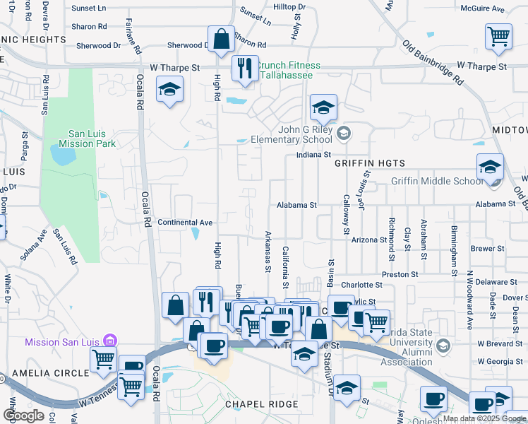 map of restaurants, bars, coffee shops, grocery stores, and more near 1332 Arkansas Street in Tallahassee