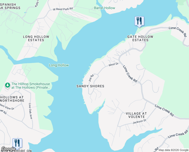 map of restaurants, bars, coffee shops, grocery stores, and more near 8129 Joy Road in Volente
