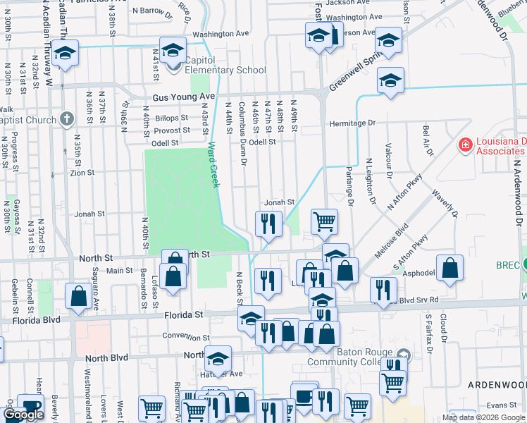 map of restaurants, bars, coffee shops, grocery stores, and more near 844 North 46th Street in Baton Rouge
